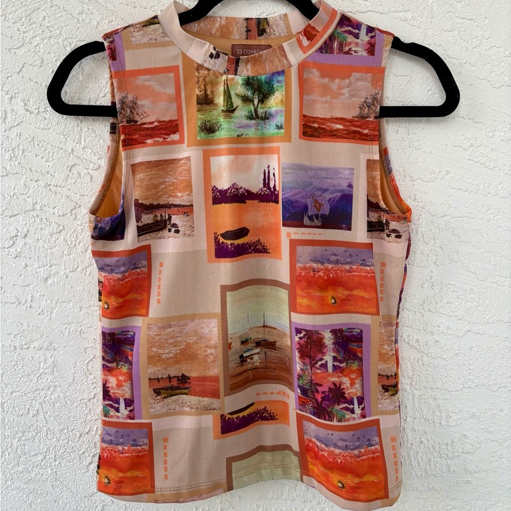 33 Coastal Mesh High Neck Colorful Beach Scene Graphic Tank Top Medium - Picture 4 of 12
